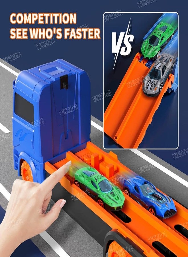 Vikrida Big Hauler Storage & Deform Transport Truck Toy with 2 Foldable Ejection Race Track & 2 Pcs Die cast Cars for Kids - Blue Color - Image 5
